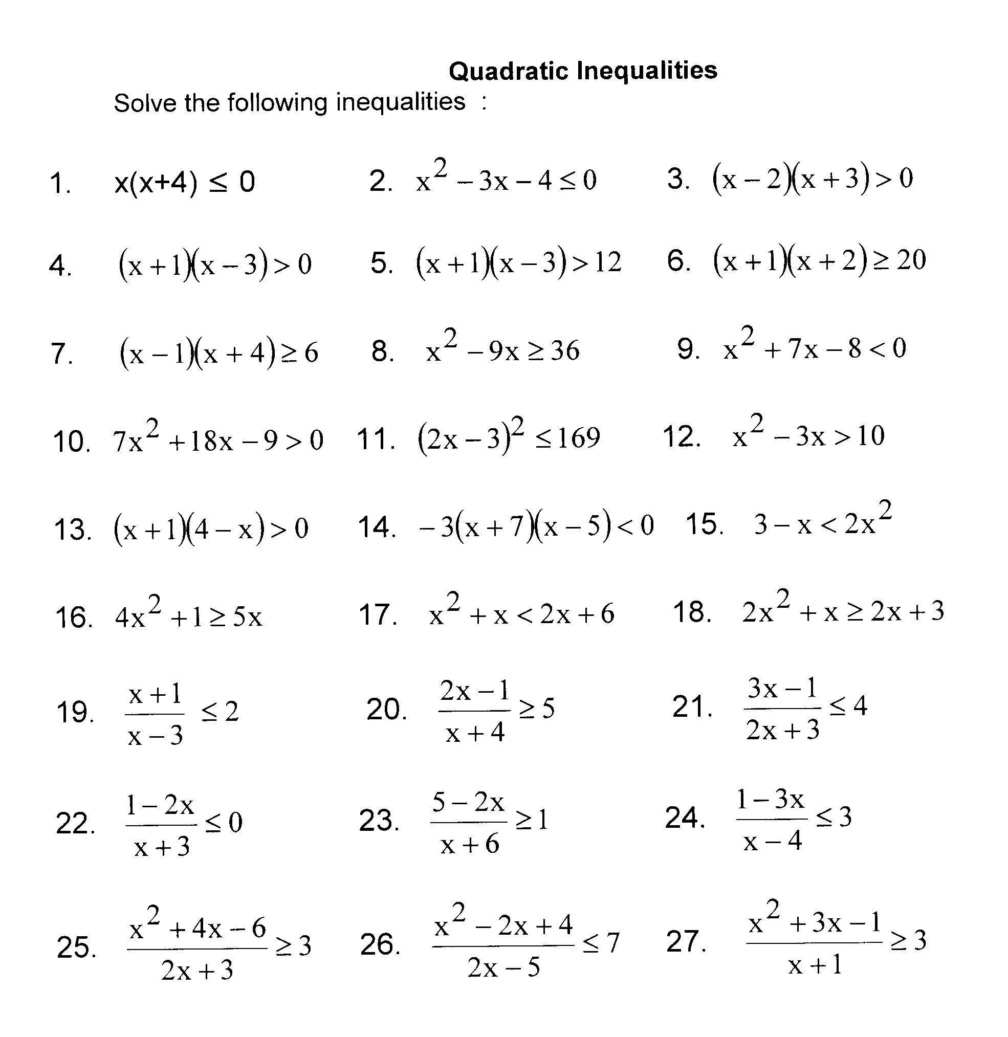 imath - Grade 21 exercises re. solving quadratic inequalities Pertaining To Solving Quadratic Inequalities Worksheet